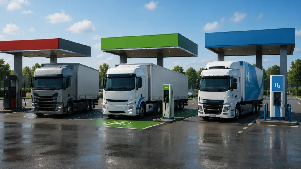 Lkw-Flotte an Ladesäule und Tankstelle – Kostenvergleich Diesel, Elektro, Wasserstoff