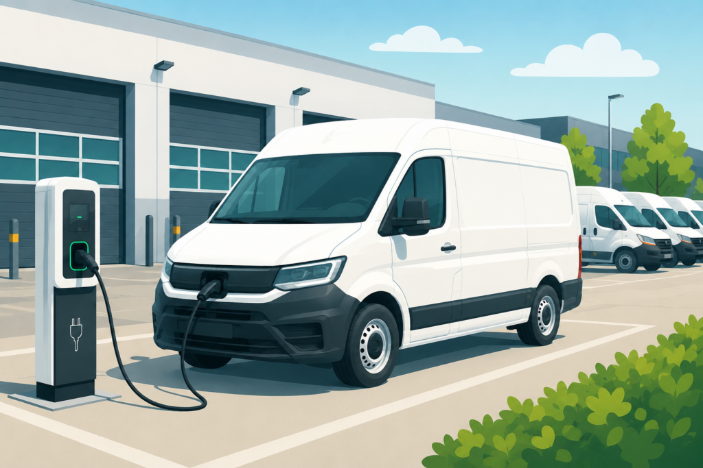 Elektrischer Transporter einer Unternehmensflotte an einer Ladesäule auf einem Betriebshof