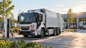 : Elektrisches Müllsammelfahrzeug auf kommunalem Betriebshof an Ladestation, SaubFahrzeugBeschG Kommunen