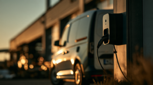 Elektrischer Transporter eines Kleinbetriebs lädt an einer Wallbox auf dem Betriebshof – Elektromobilität und Ladeinfrastruktur