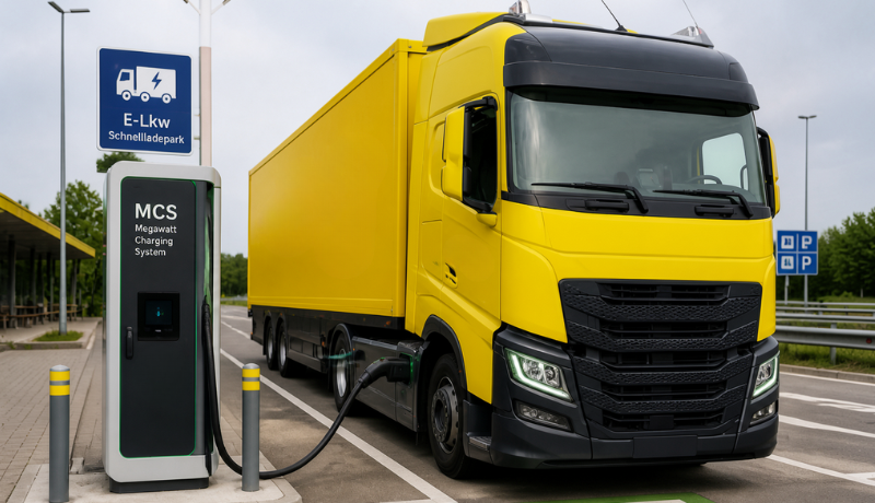 Elektro-Sattelzug lädt an einem MCS-Ladepunkt an einer Autobahn-Rastanlage, Ladeinfrastruktur für E-Lkw